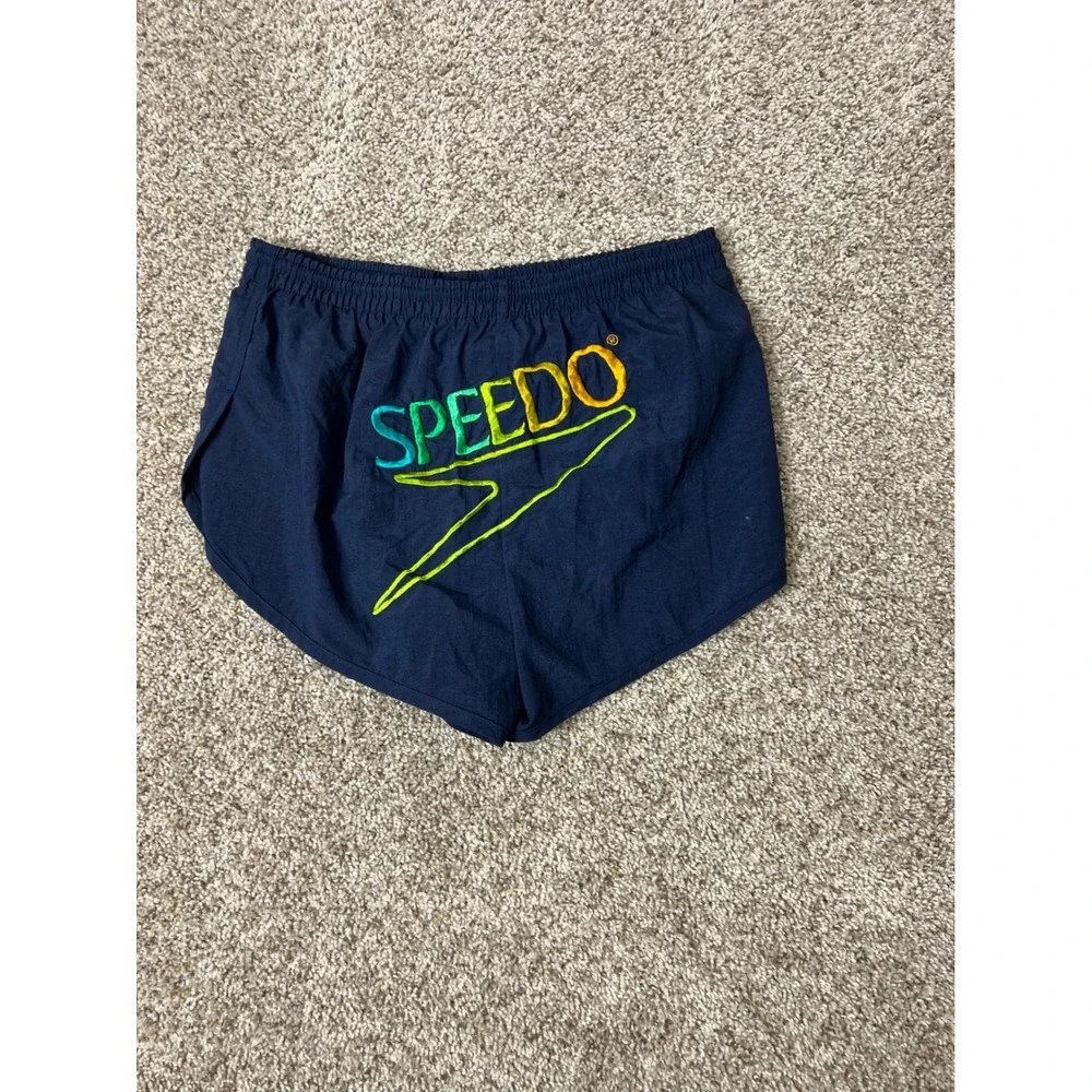 Vintage Speedo Mens Navy Blue Nylon Swim Trunks Shorts Embroidered Logo Small